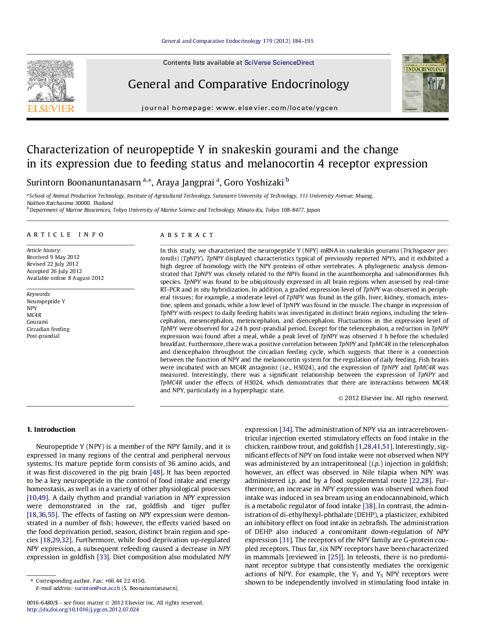 Characterization of neuropeptide Y in snakeskin gourami and the change in its expression due to feeding status and melanocortin 4 receptor expression