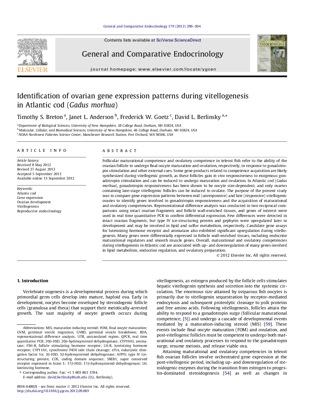 Identification of ovarian gene expression patterns during vitellogenesis in Atlantic cod (Gadus morhua)