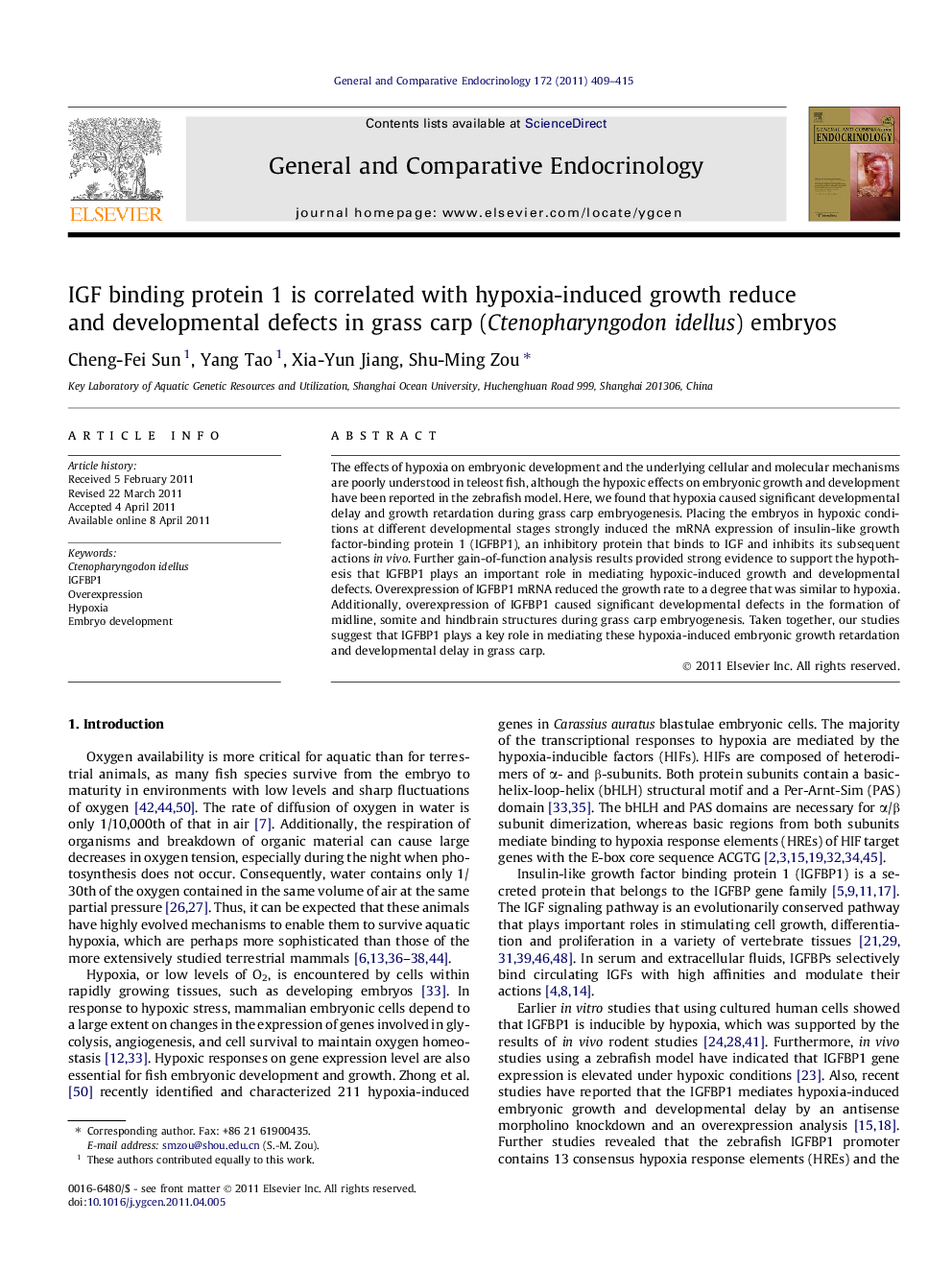 IGF binding protein 1 is correlated with hypoxia-induced growth reduce and developmental defects in grass carp (Ctenopharyngodon idellus) embryos