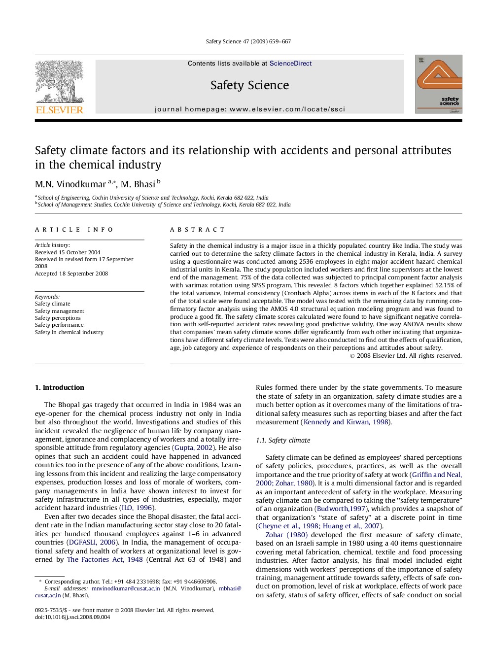 Safety climate factors and its relationship with accidents and personal attributes in the chemical industry