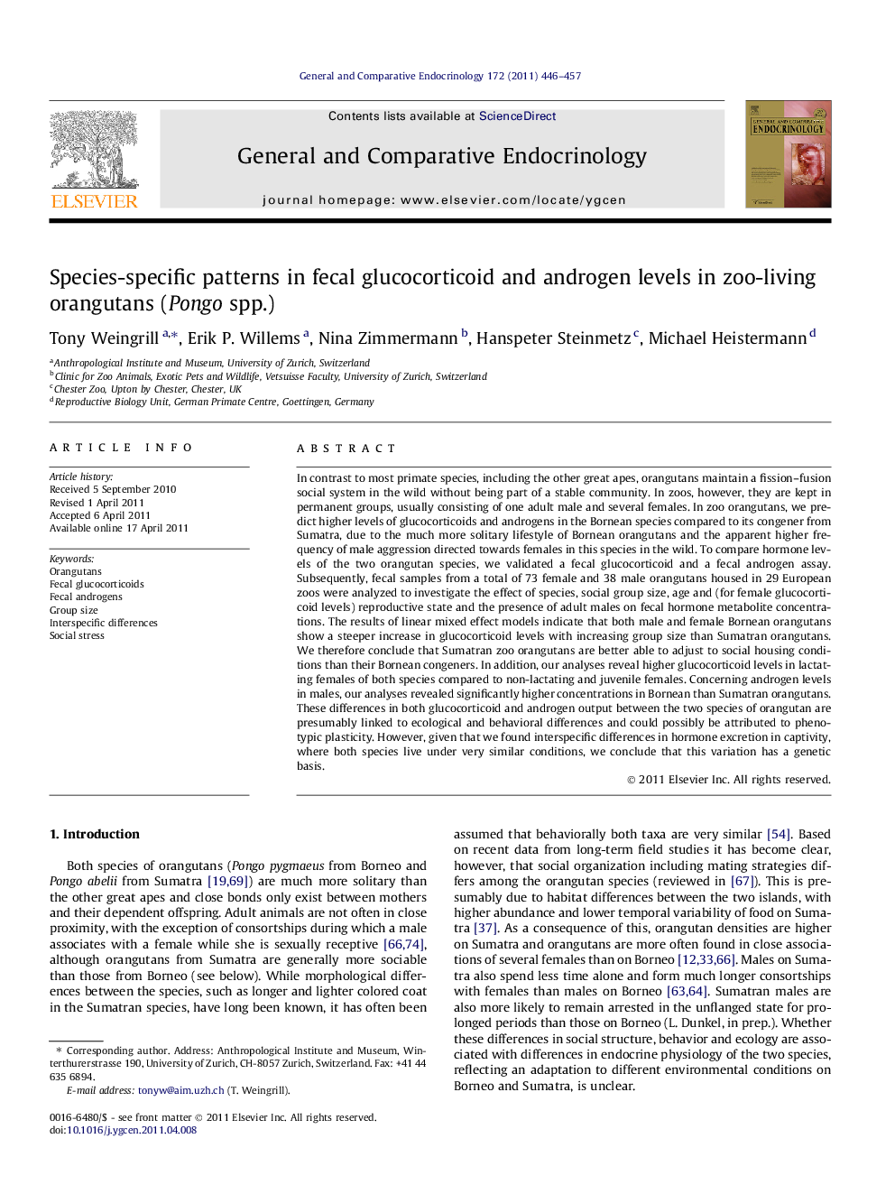 Species-specific patterns in fecal glucocorticoid and androgen levels in zoo-living orangutans (Pongo spp.)