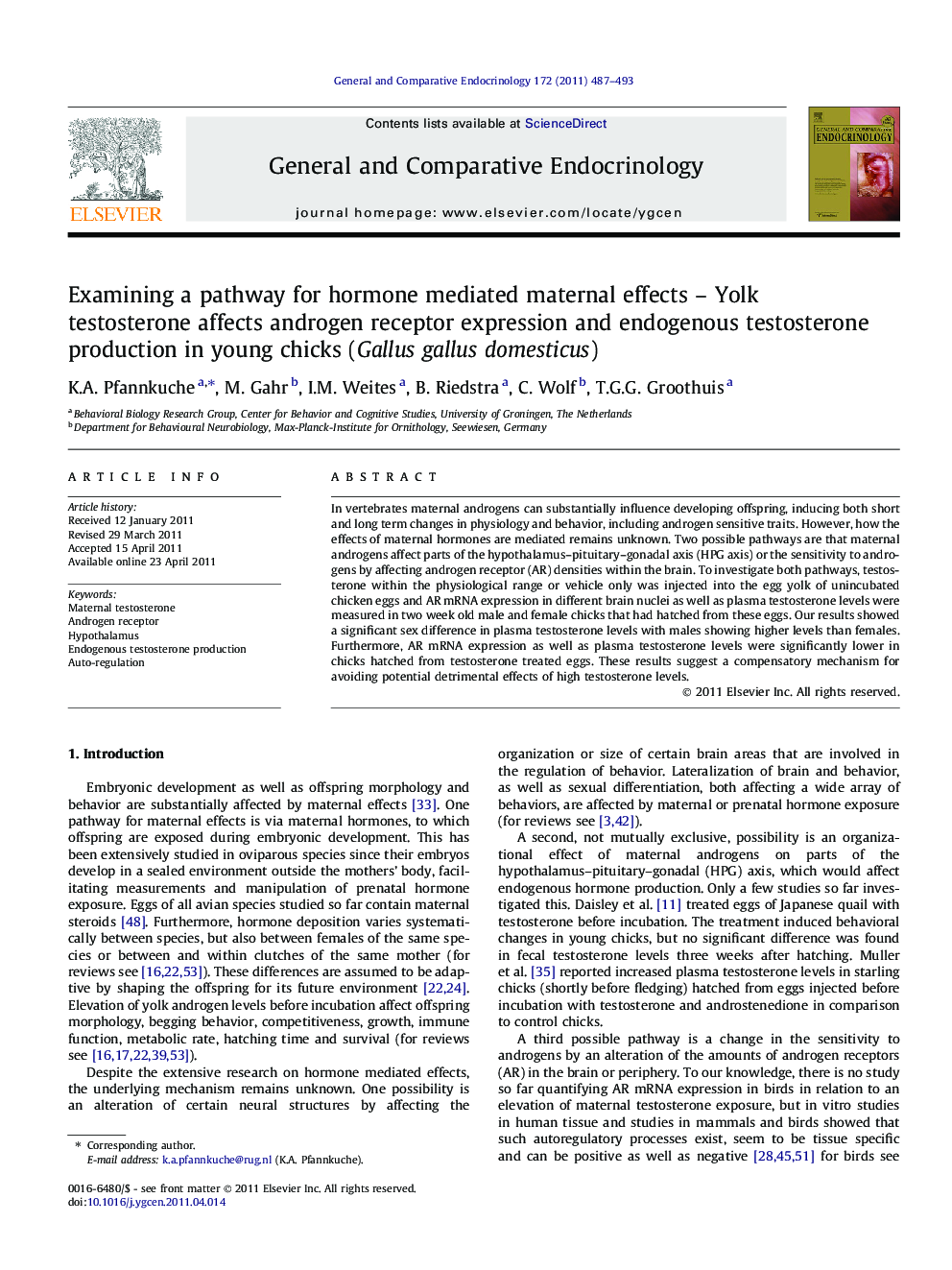 Examining a pathway for hormone mediated maternal effects - Yolk testosterone affects androgen receptor expression and endogenous testosterone production in young chicks (Gallus gallus domesticus)