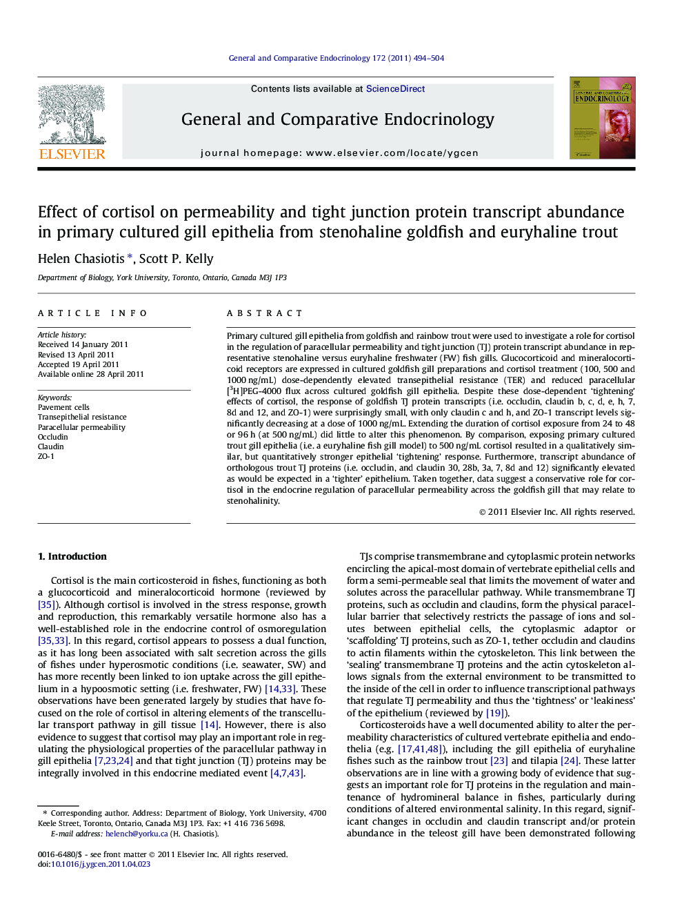 Effect of cortisol on permeability and tight junction protein transcript abundance in primary cultured gill epithelia from stenohaline goldfish and euryhaline trout