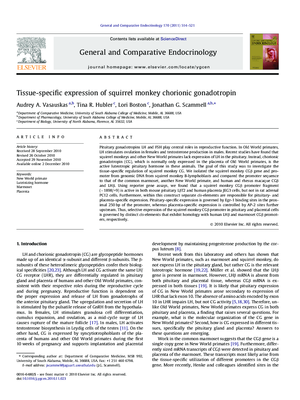 Tissue-specific expression of squirrel monkey chorionic gonadotropin