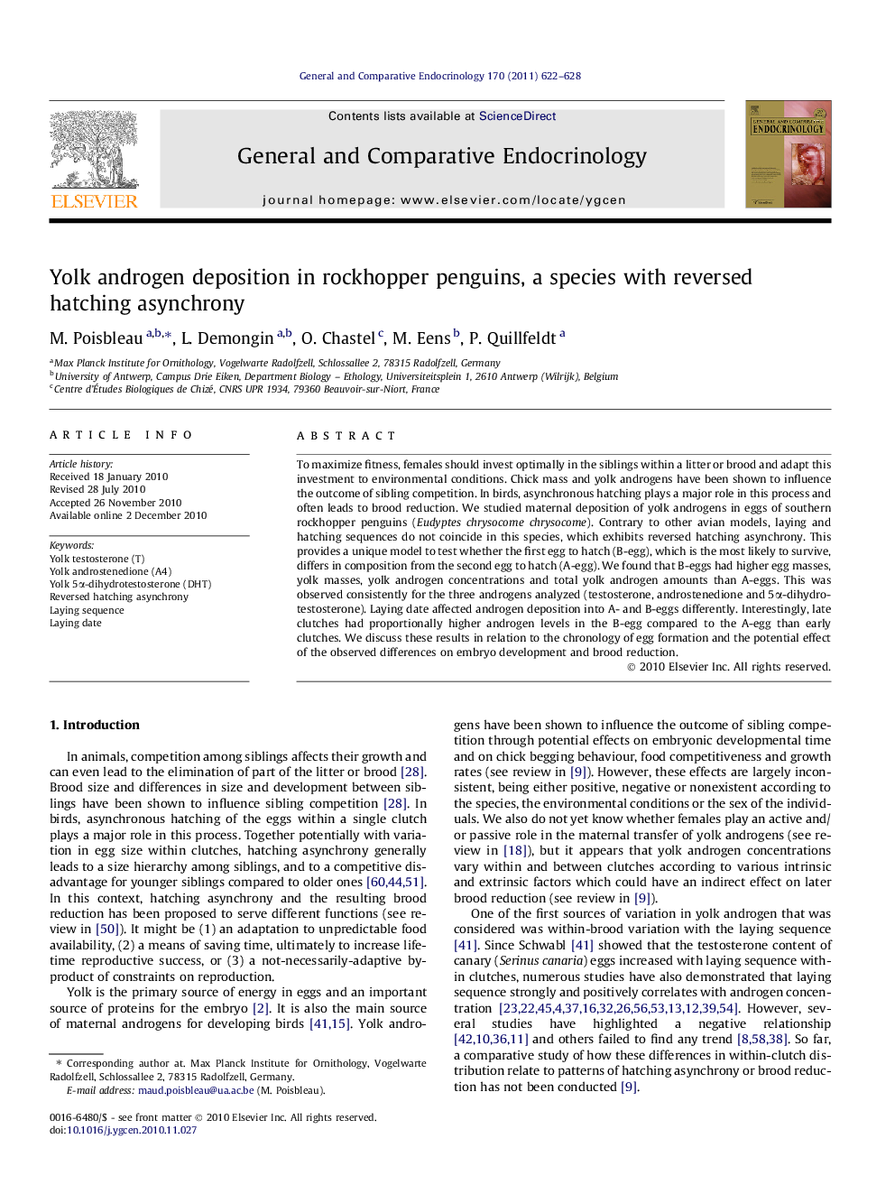 Yolk androgen deposition in rockhopper penguins, a species with reversed hatching asynchrony