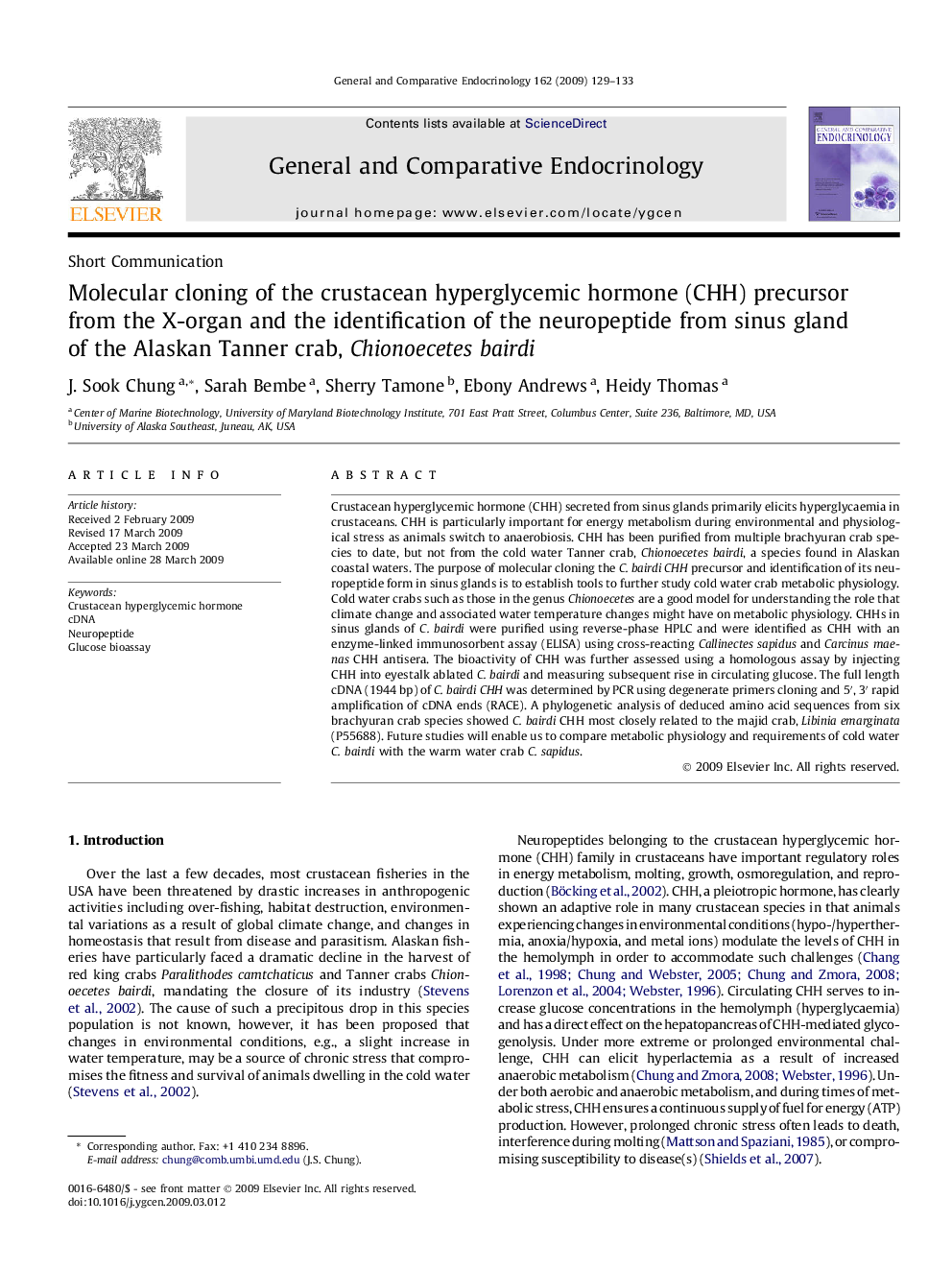 Molecular cloning of the crustacean hyperglycemic hormone (CHH) precursor from the X-organ and the identification of the neuropeptide from sinus gland of the Alaskan Tanner crab, Chionoecetes bairdi