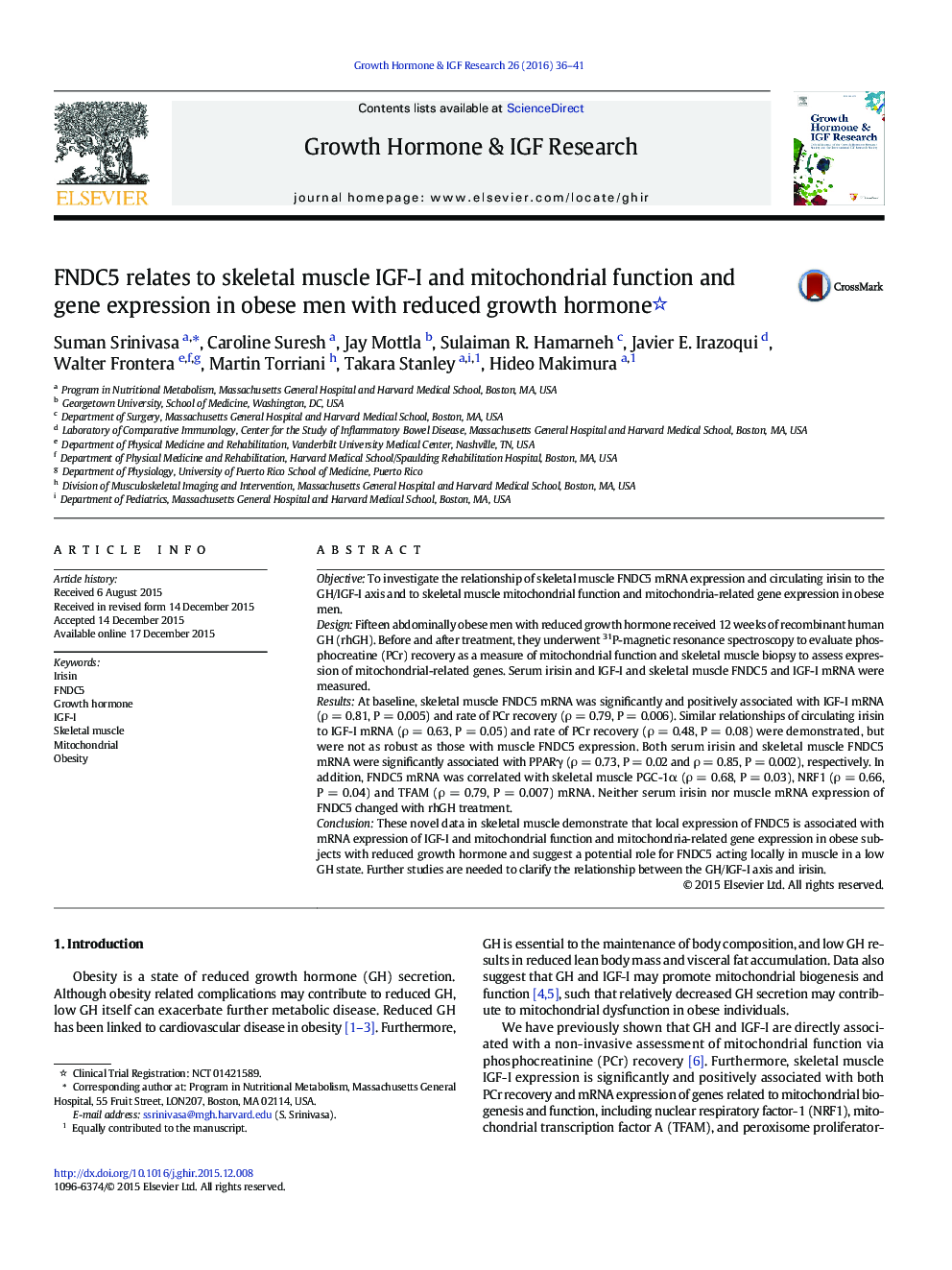 FNDC5 relates to skeletal muscle IGF-I and mitochondrial function and gene expression in obese men with reduced growth hormone