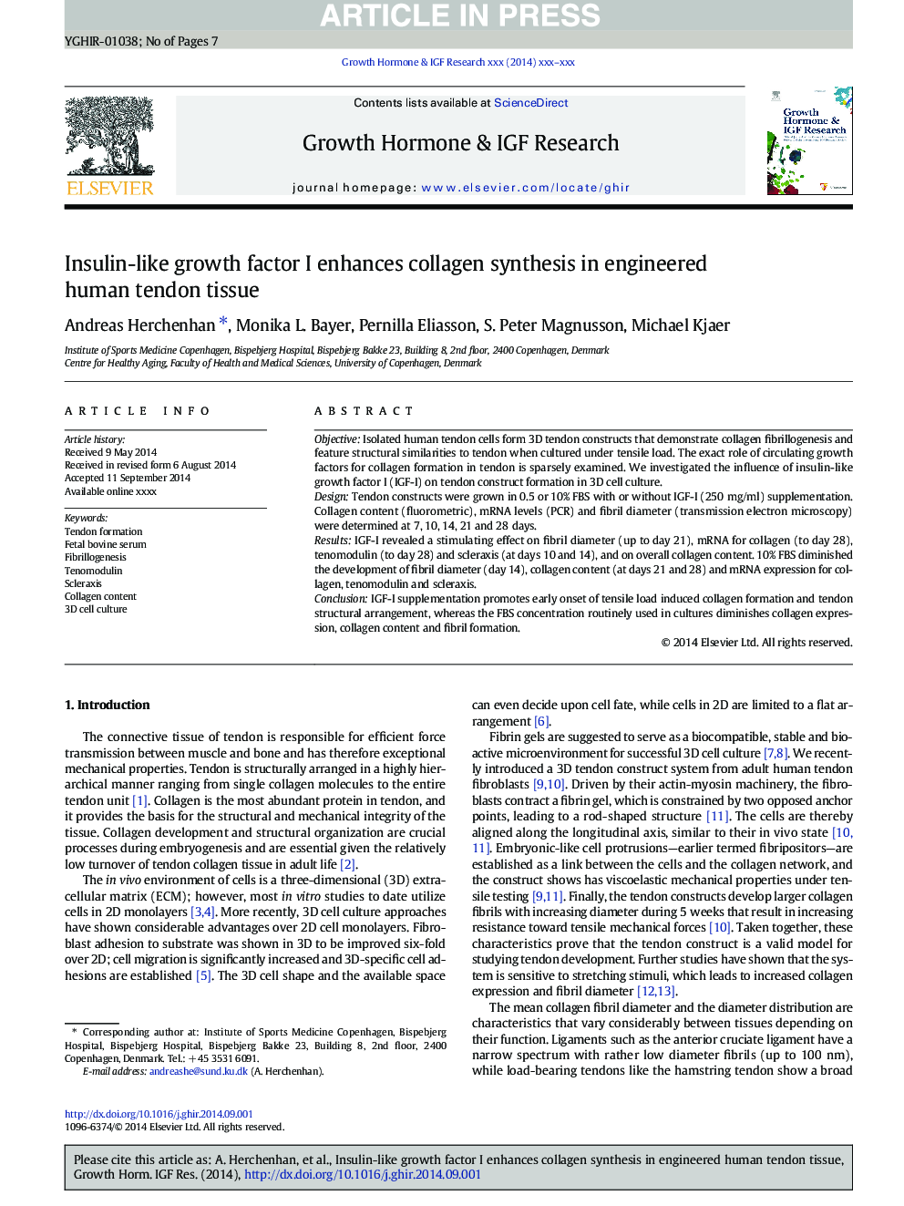 Insulin-like growth factor I enhances collagen synthesis in engineered human tendon tissue