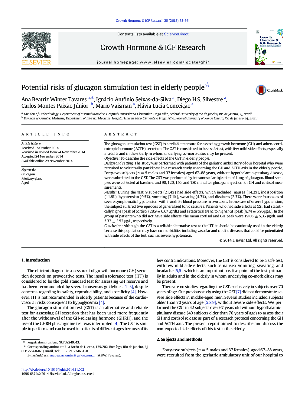 Potential risks of glucagon stimulation test in elderly people