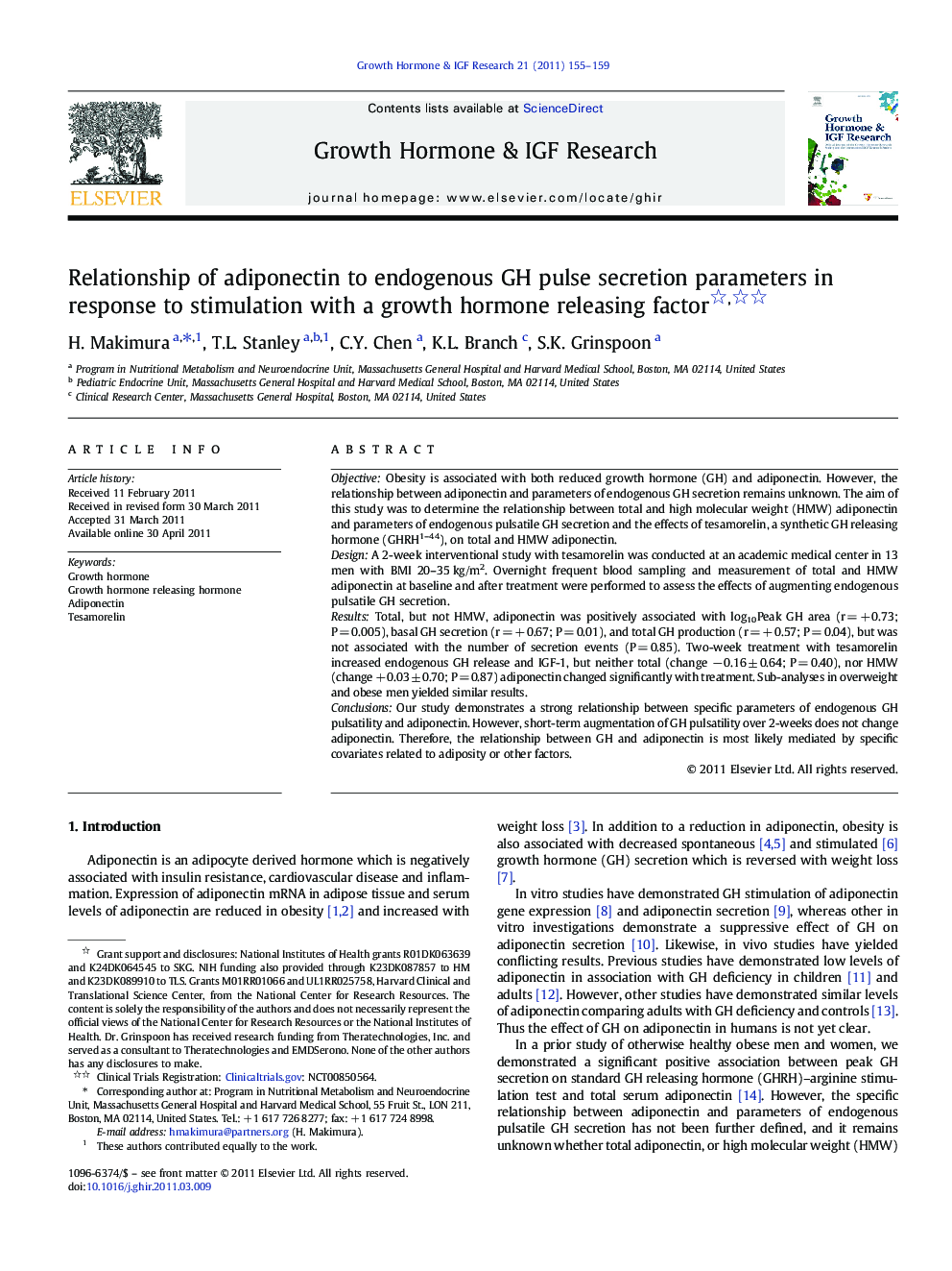 Relationship of adiponectin to endogenous GH pulse secretion parameters in response to stimulation with a growth hormone releasing factor