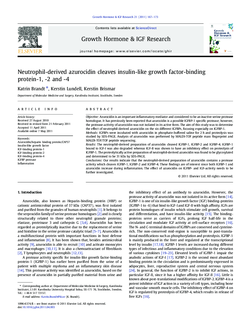 Neutrophil-derived azurocidin cleaves insulin-like growth factor-binding protein-1, -2 and -4