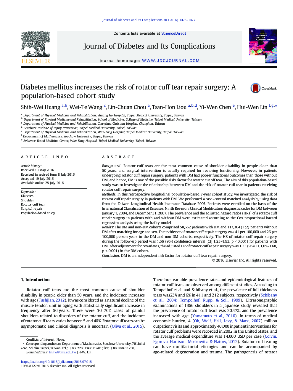 Diabetes mellitus increases the risk of rotator cuff tear repair surgery: A population-based cohort study