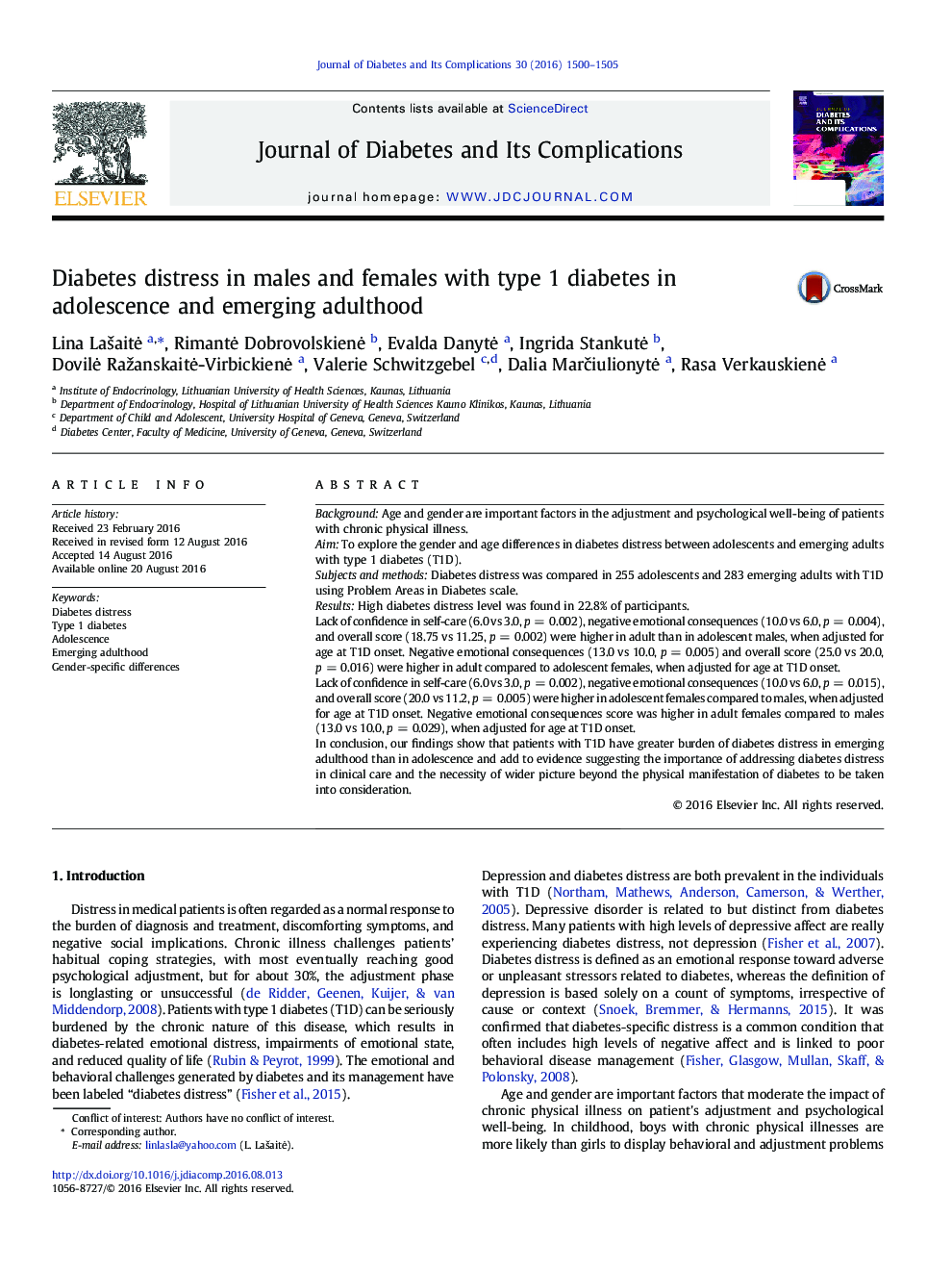 Diabetes distress in males and females with type 1 diabetes in adolescence and emerging adulthood