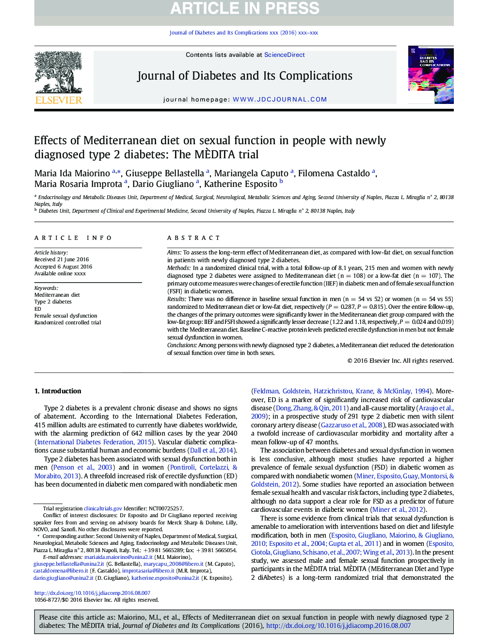 Effects of Mediterranean diet on sexual function in people with newly diagnosed type 2 diabetes: The MÃDITA trial