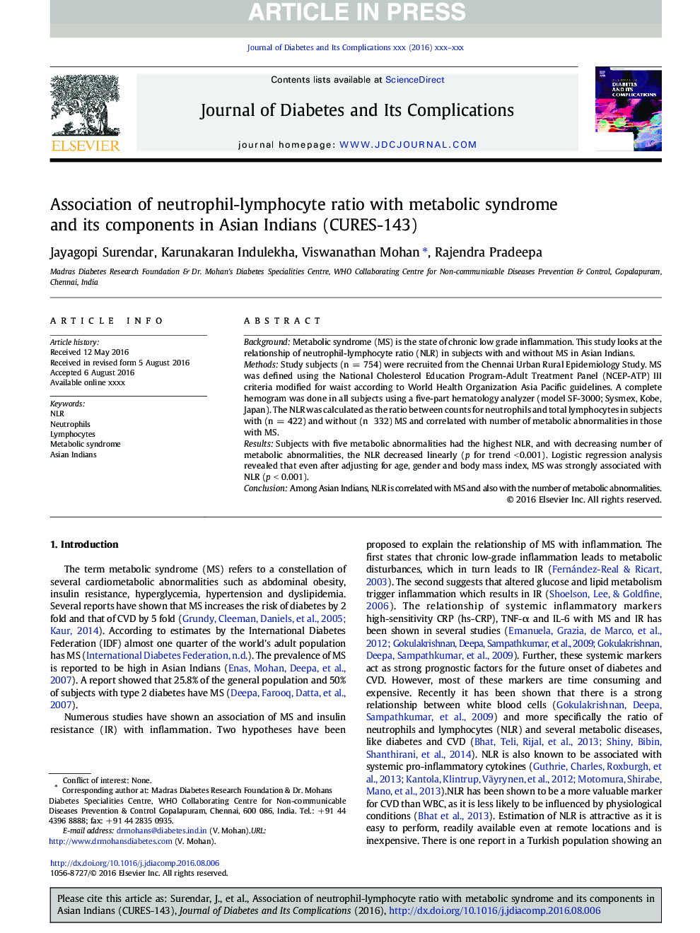 Association of neutrophil-lymphocyte ratio with metabolic syndrome and its components in Asian Indians (CURES-143)