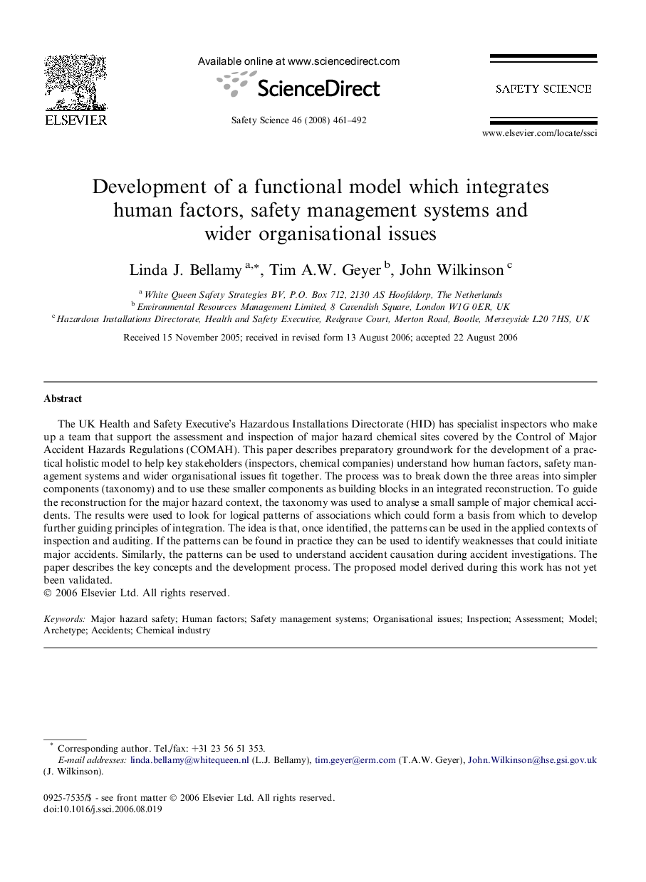 Development of a functional model which integrates human factors, safety management systems and wider organisational issues