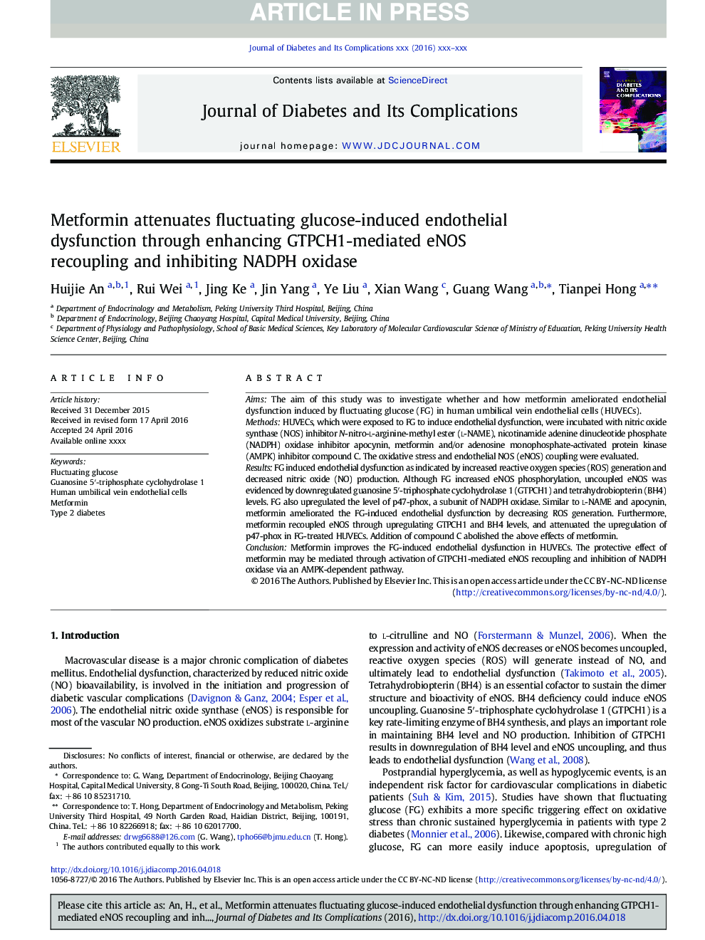 Metformin attenuates fluctuating glucose-induced endothelial dysfunction through enhancing GTPCH1-mediated eNOS recoupling and inhibiting NADPH oxidase