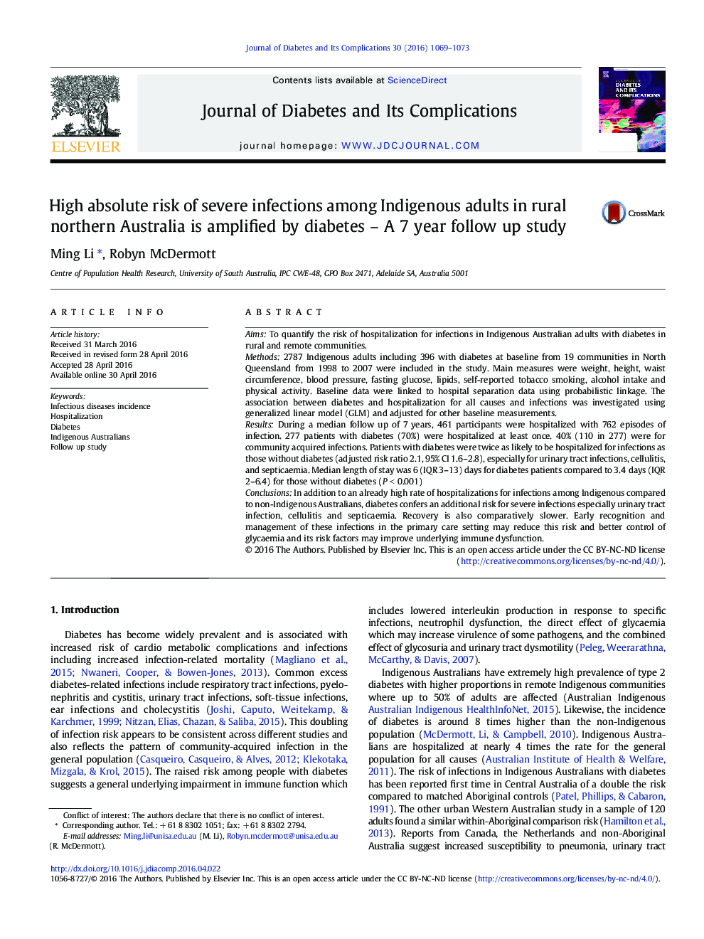 High absolute risk of severe infections among Indigenous adults in rural northern Australia is amplified by diabetes - A 7 year follow up study