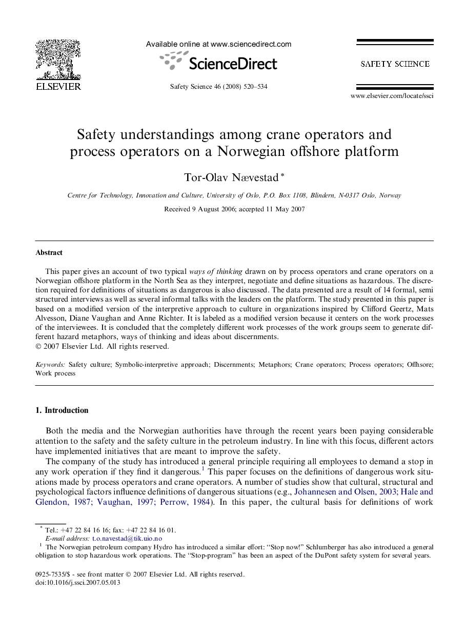 Safety understandings among crane operators and process operators on a Norwegian offshore platform