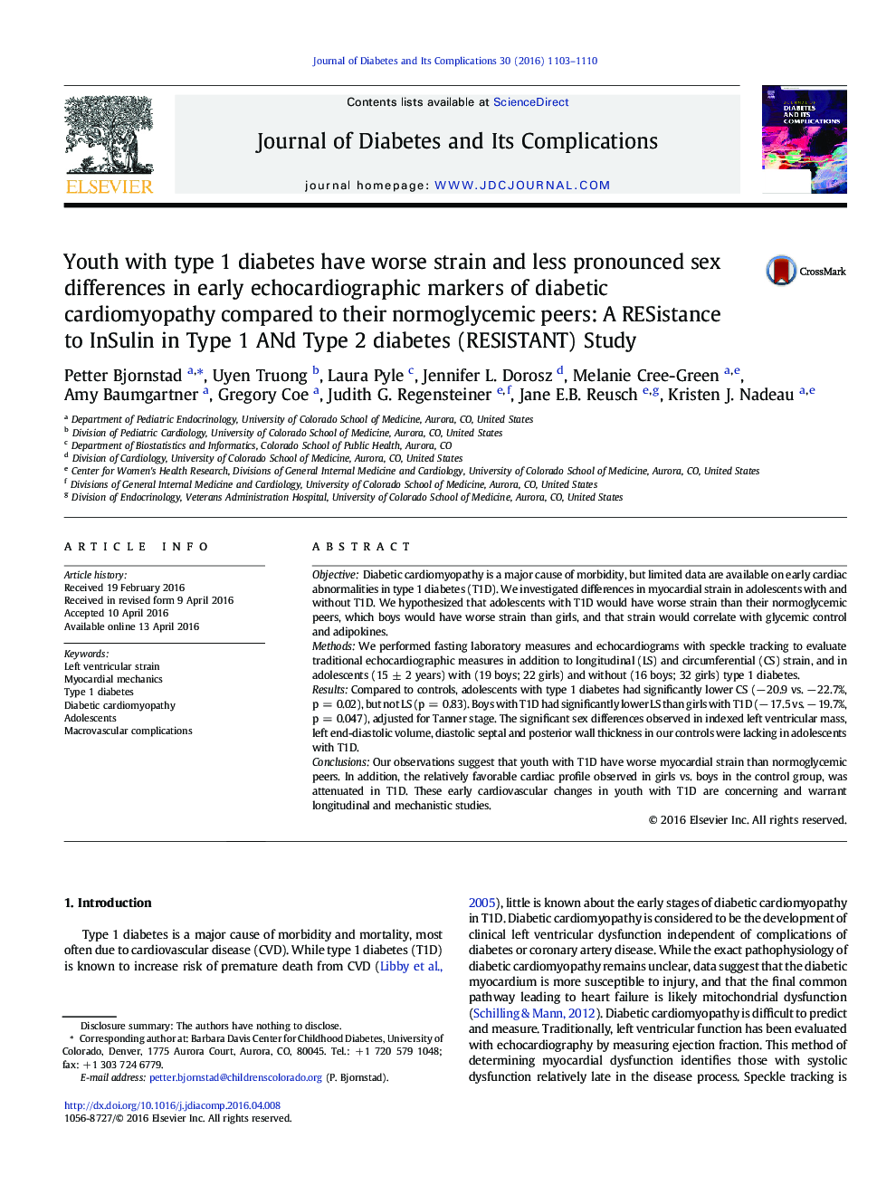 Youth with type 1 diabetes have worse strain and less pronounced sex differences in early echocardiographic markers of diabetic cardiomyopathy compared to their normoglycemic peers: A RESistance to InSulin in Type 1 ANd Type 2 diabetes (RESISTANT) Study