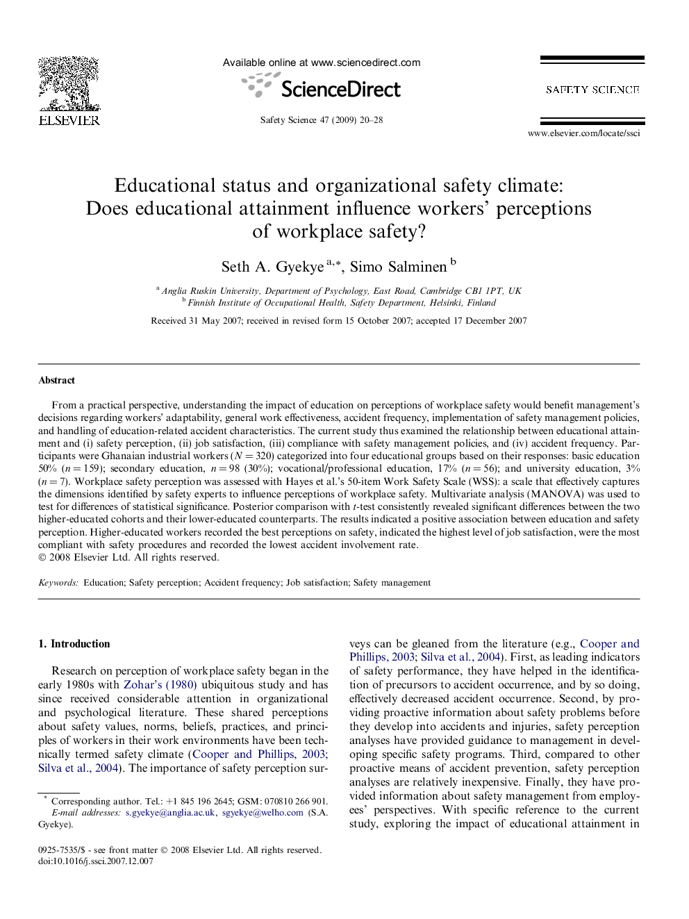 Educational status and organizational safety climate: Does educational attainment influence workers’ perceptions of workplace safety?