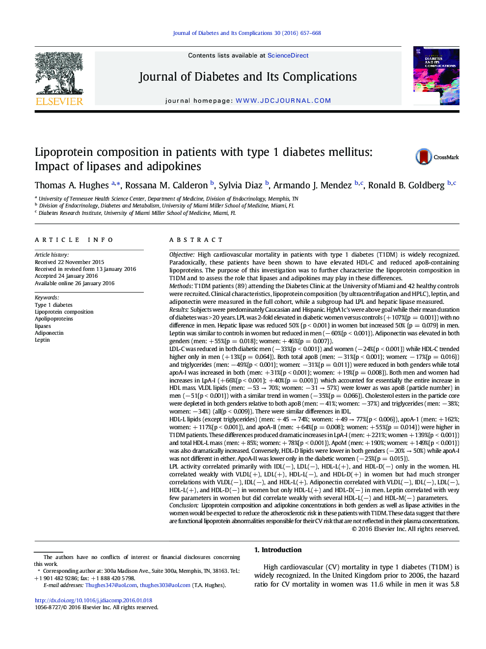 Lipoprotein composition in patients with type 1 diabetes mellitus: Impact of lipases and adipokines