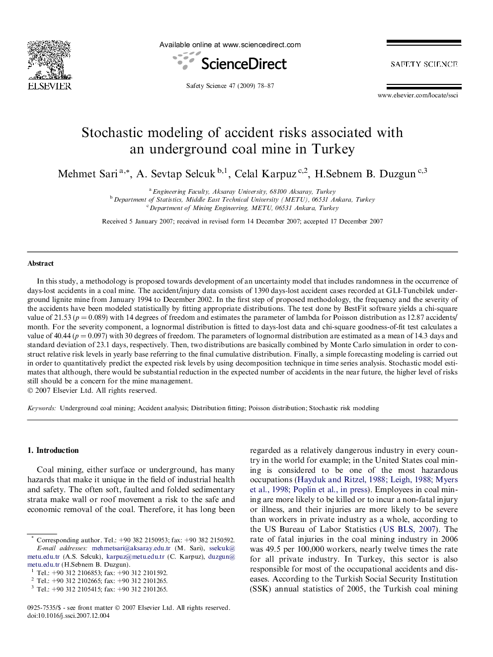 Stochastic modeling of accident risks associated with an underground coal mine in Turkey