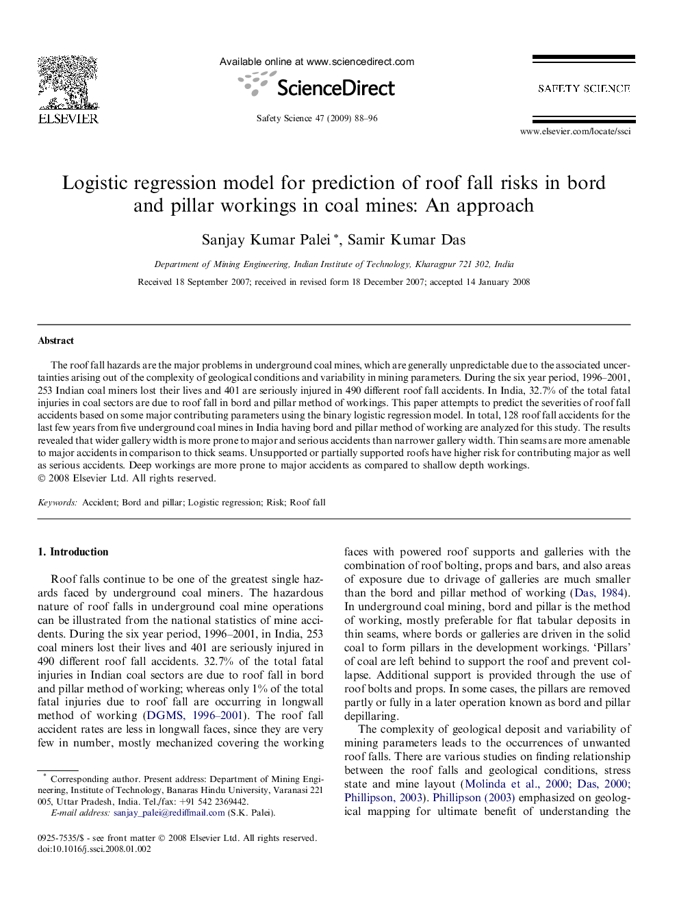 Logistic regression model for prediction of roof fall risks in bord and pillar workings in coal mines: An approach