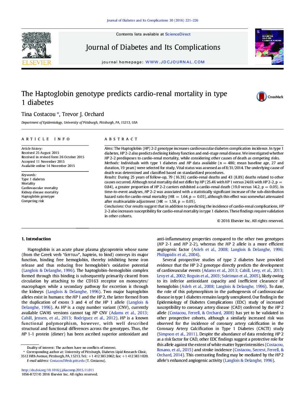 The Haptoglobin genotype predicts cardio-renal mortality in type 1 diabetes