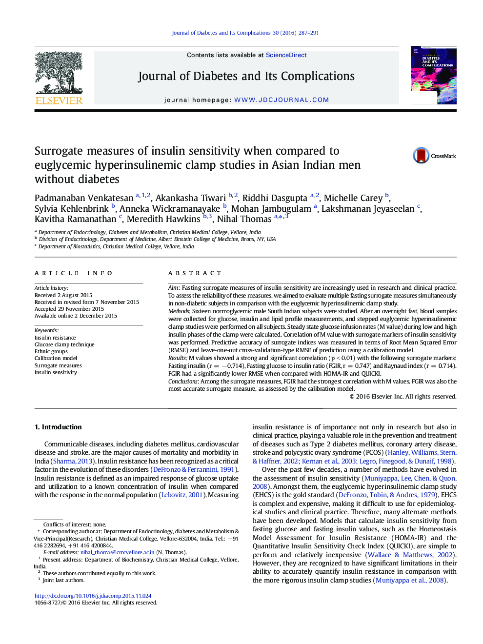 Surrogate measures of insulin sensitivity when compared to euglycemic hyperinsulinemic clamp studies in Asian Indian men without diabetes