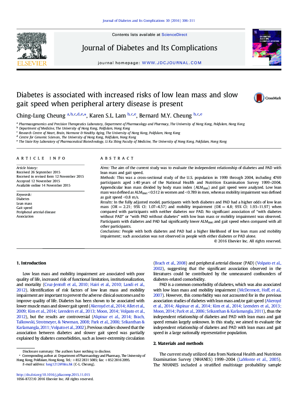 Diabetes is associated with increased risks of low lean mass and slow gait speed when peripheral artery disease is present