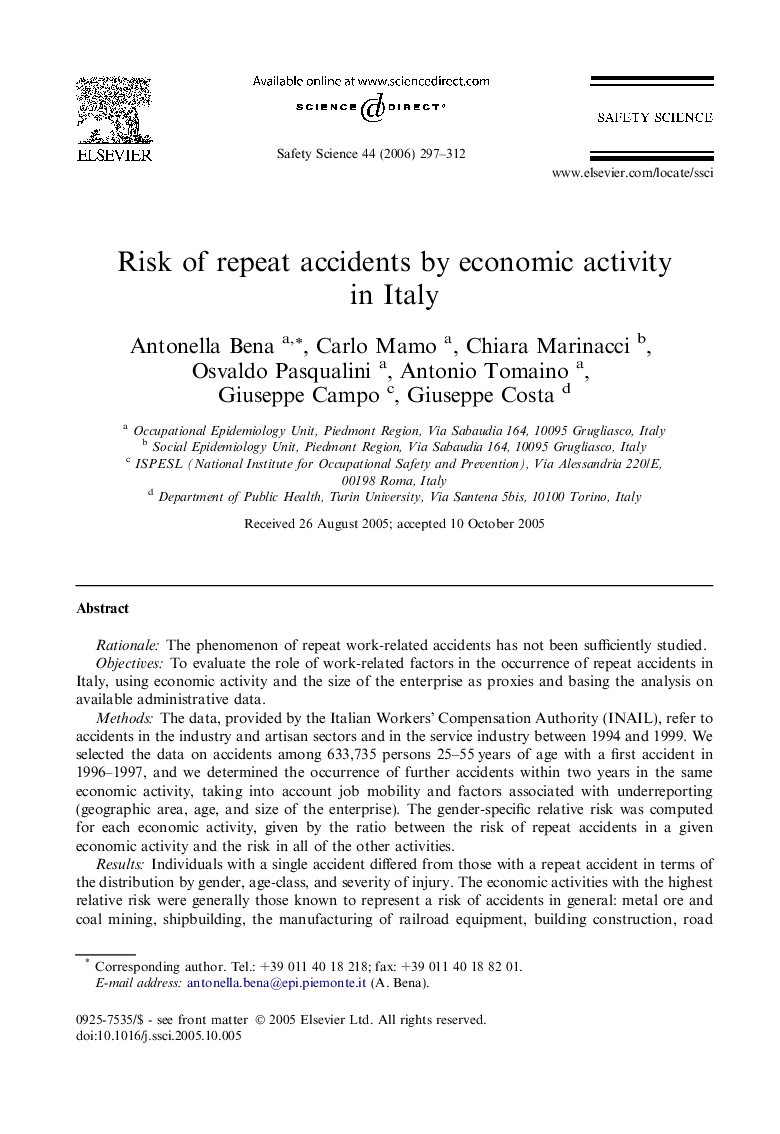 Risk of repeat accidents by economic activity in Italy