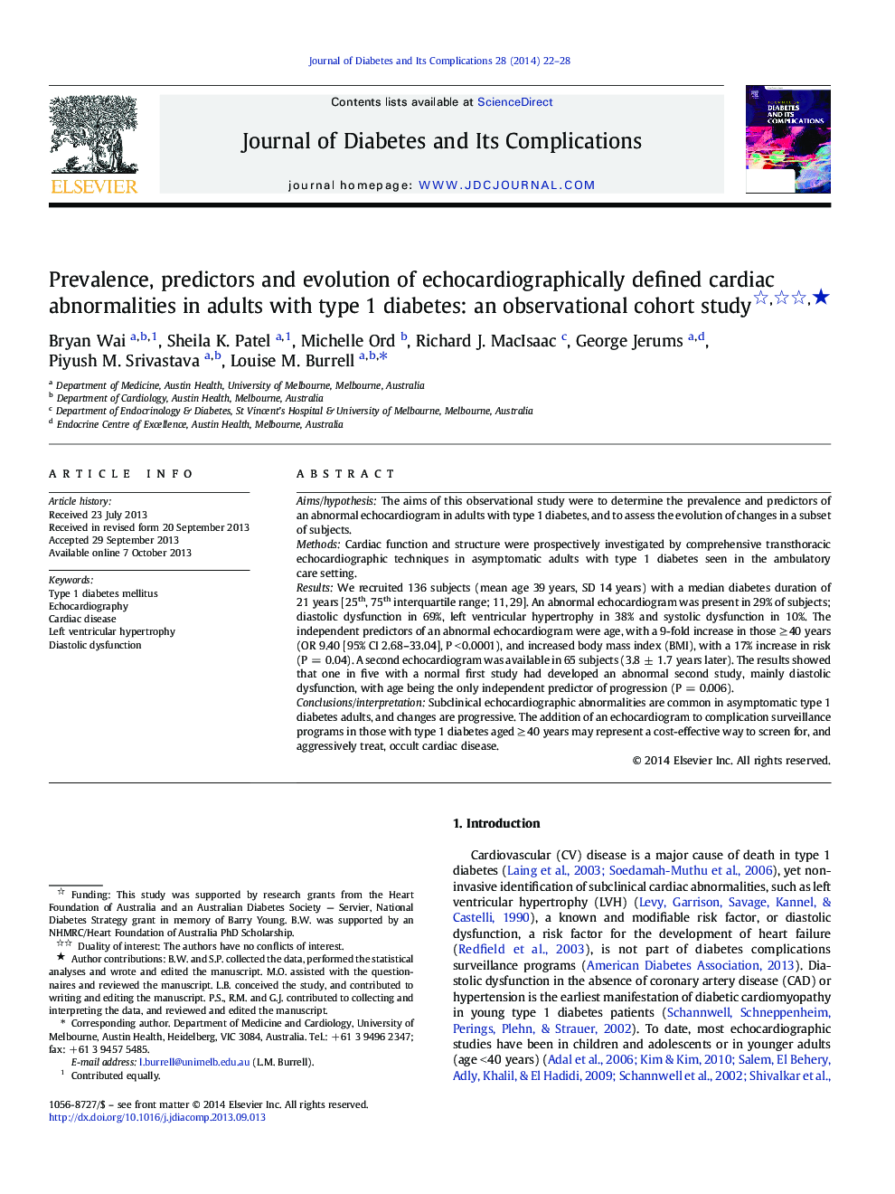 Prevalence, predictors and evolution of echocardiographically defined cardiac abnormalities in adults with type 1 diabetes: an observational cohort study