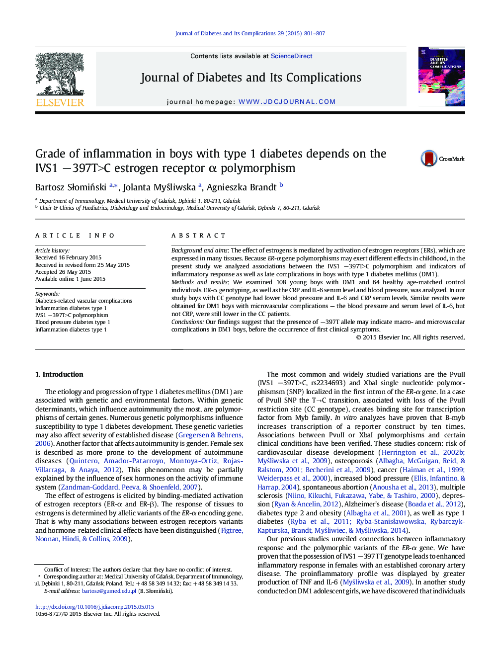 Grade of inflammation in boys with type 1 diabetes depends on the IVS1 â397T>C estrogen receptor Î± polymorphism