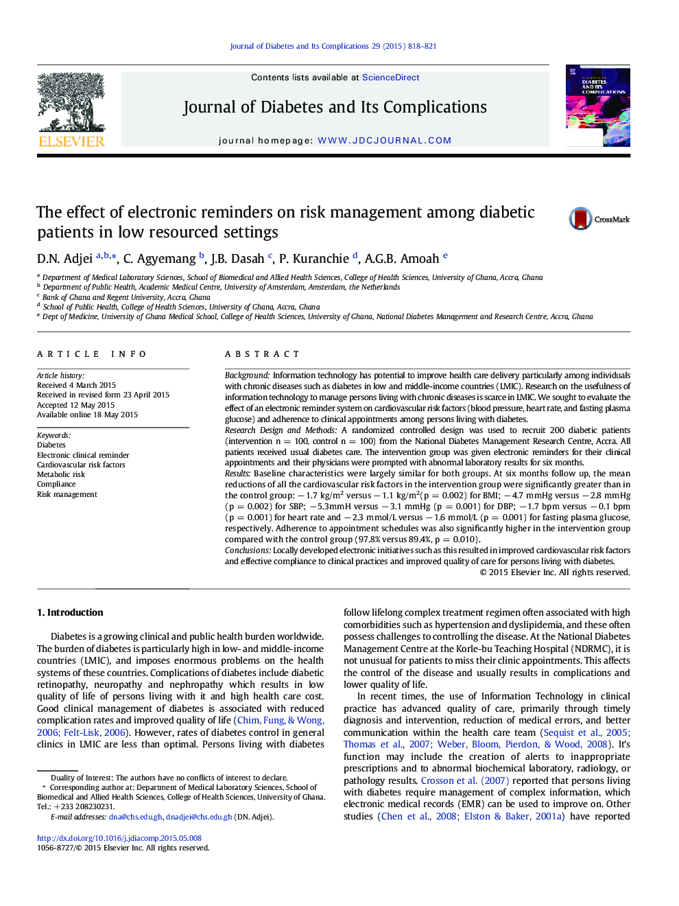 The effect of electronic reminders on risk management among diabetic patients in low resourced settings