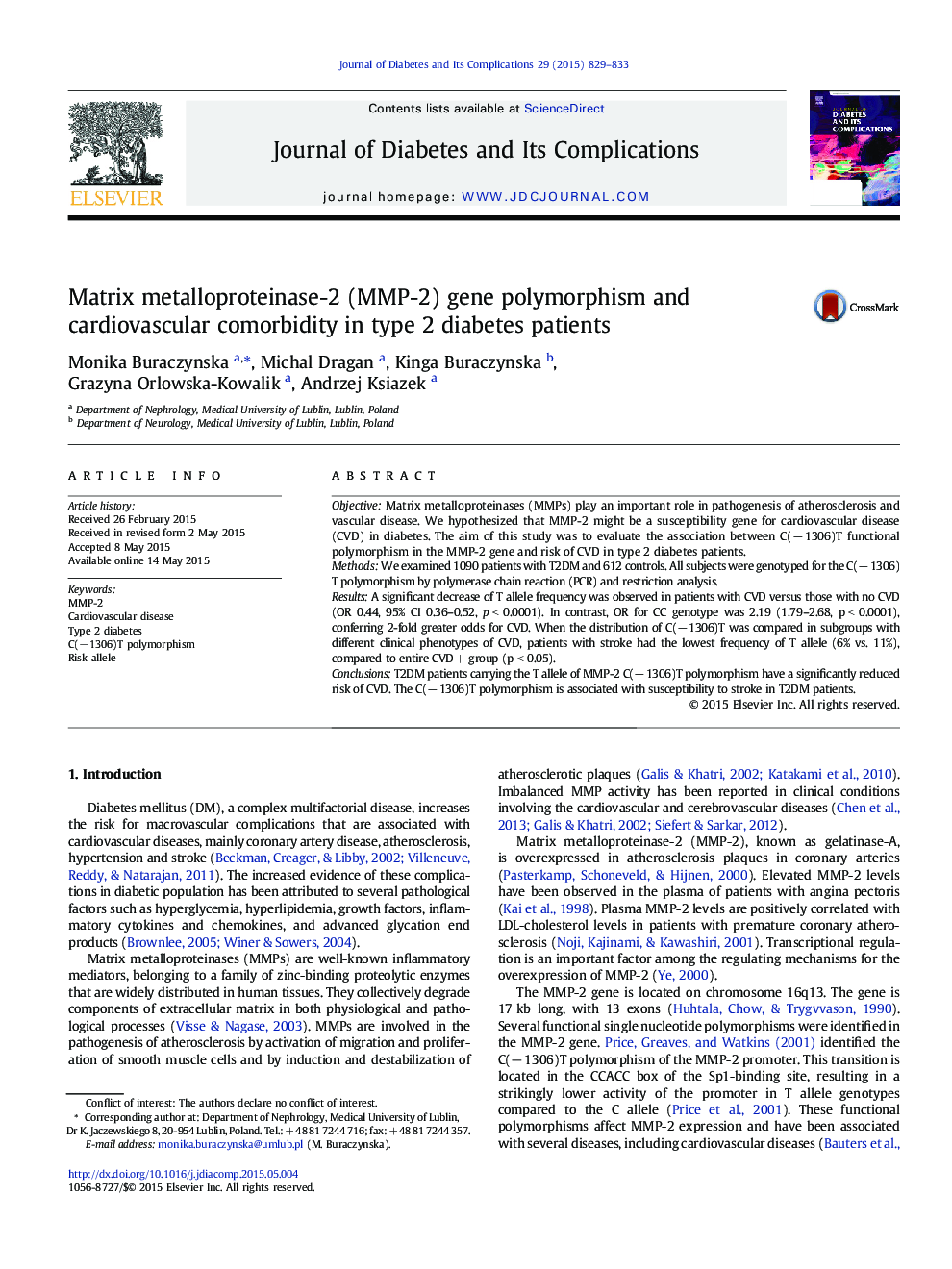 Matrix metalloproteinase-2 (MMP-2) gene polymorphism and cardiovascular comorbidity in type 2 diabetes patients