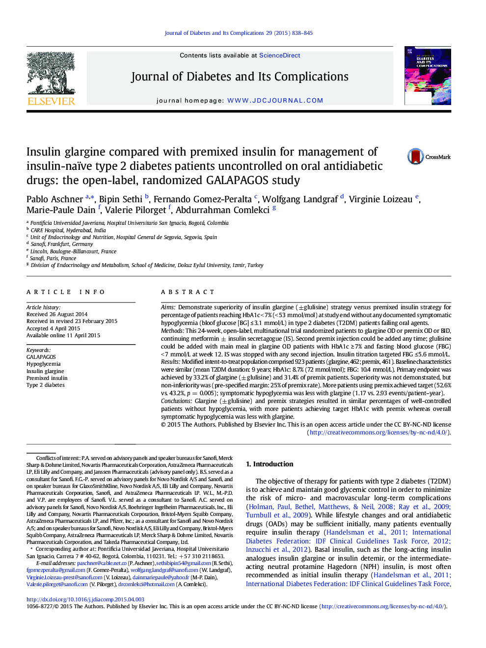 Insulin glargine compared with premixed insulin for management of insulin-naïve type 2 diabetes patients uncontrolled on oral antidiabetic drugs: the open-label, randomized GALAPAGOS study