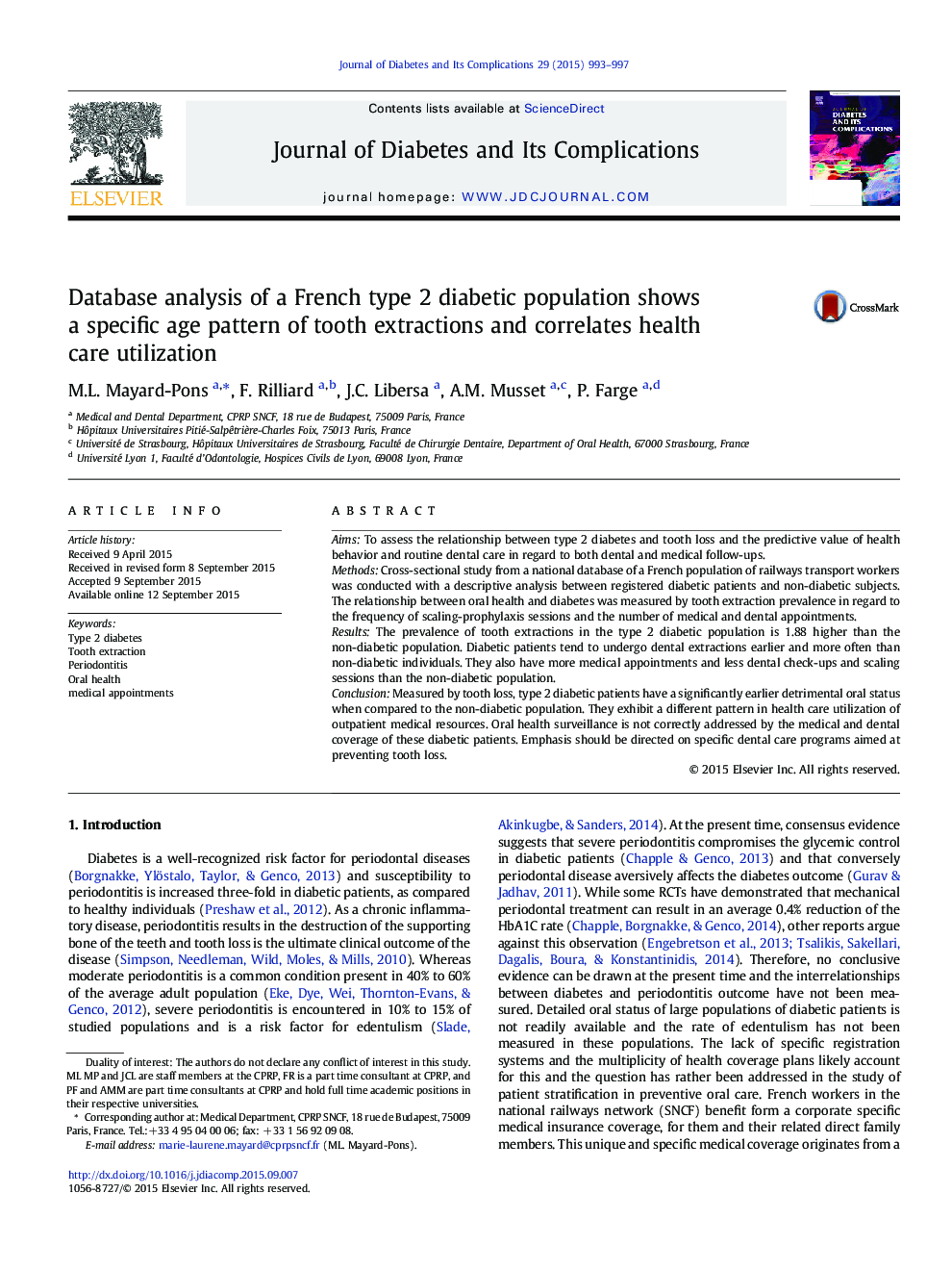 Database analysis of a French type 2 diabetic population shows a specific age pattern of tooth extractions and correlates health care utilization