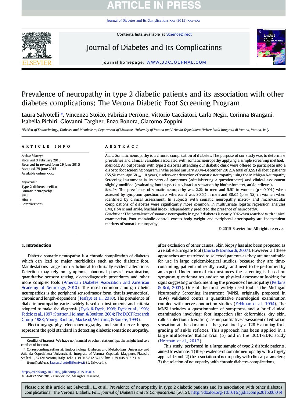 Prevalence of neuropathy in type 2 diabetic patients and its association with other diabetes complications: The Verona Diabetic Foot Screening Program