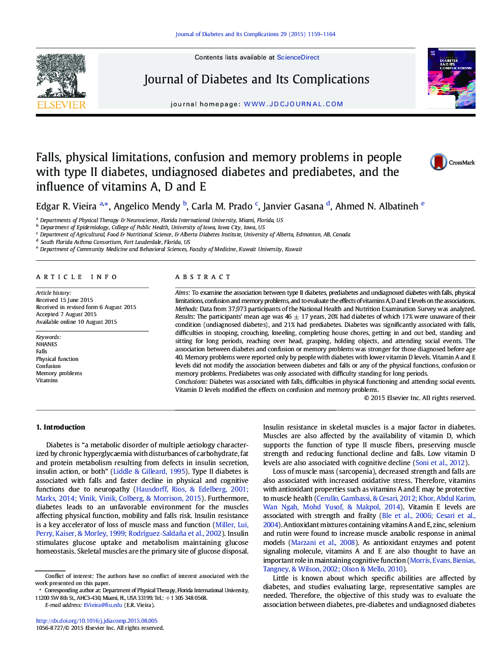 Falls, physical limitations, confusion and memory problems in people with type II diabetes, undiagnosed diabetes and prediabetes, and the influence of vitamins A, D and E