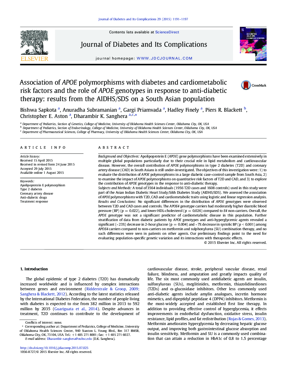 Association of APOE polymorphisms with diabetes and cardiometabolic risk factors and the role of APOE genotypes in response to anti-diabetic therapy: results from the AIDHS/SDS on a South Asian population