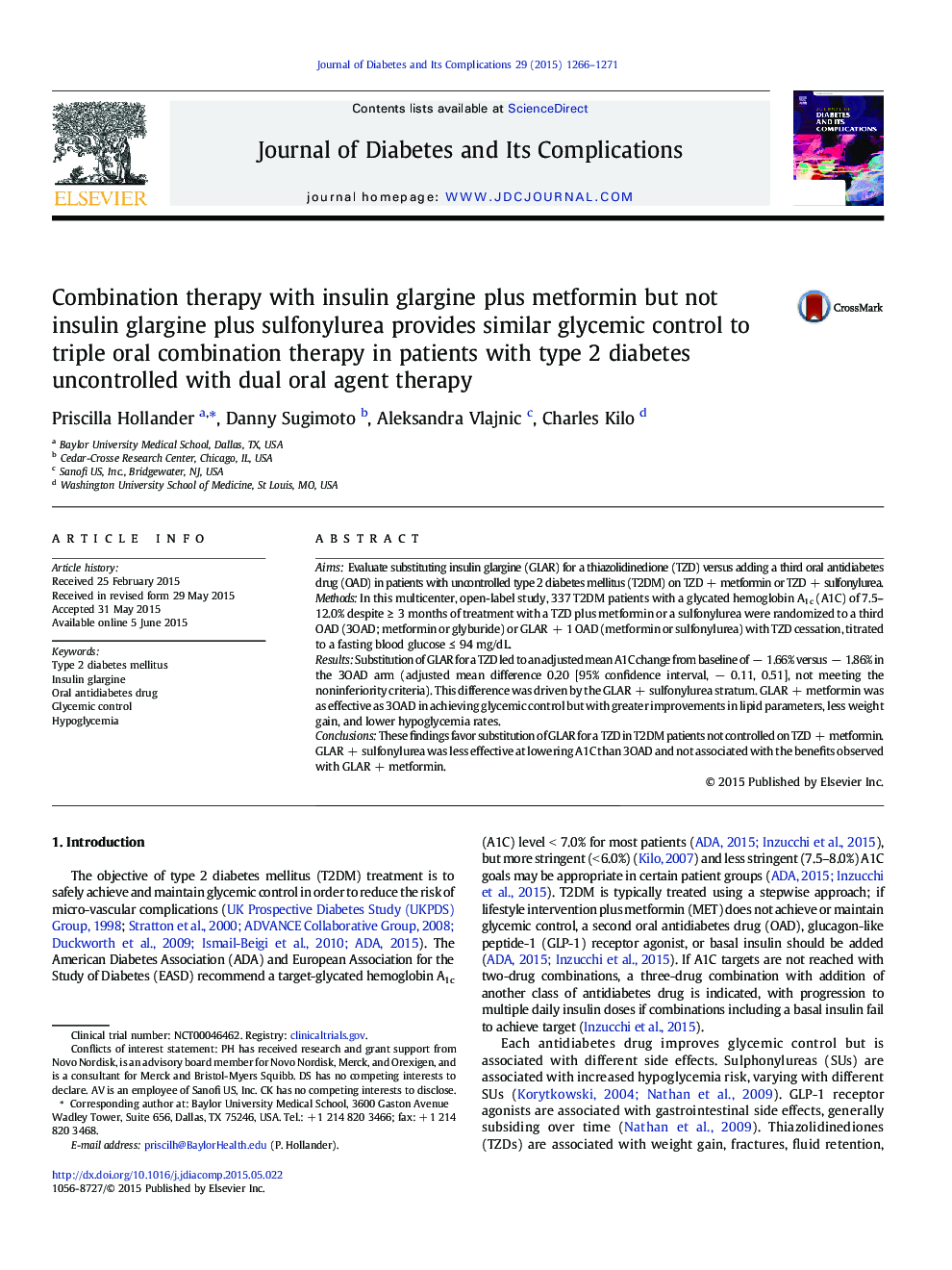 Combination therapy with insulin glargine plus metformin but not insulin glargine plus sulfonylurea provides similar glycemic control to triple oral combination therapy in patients with type 2 diabetes uncontrolled with dual oral agent therapy