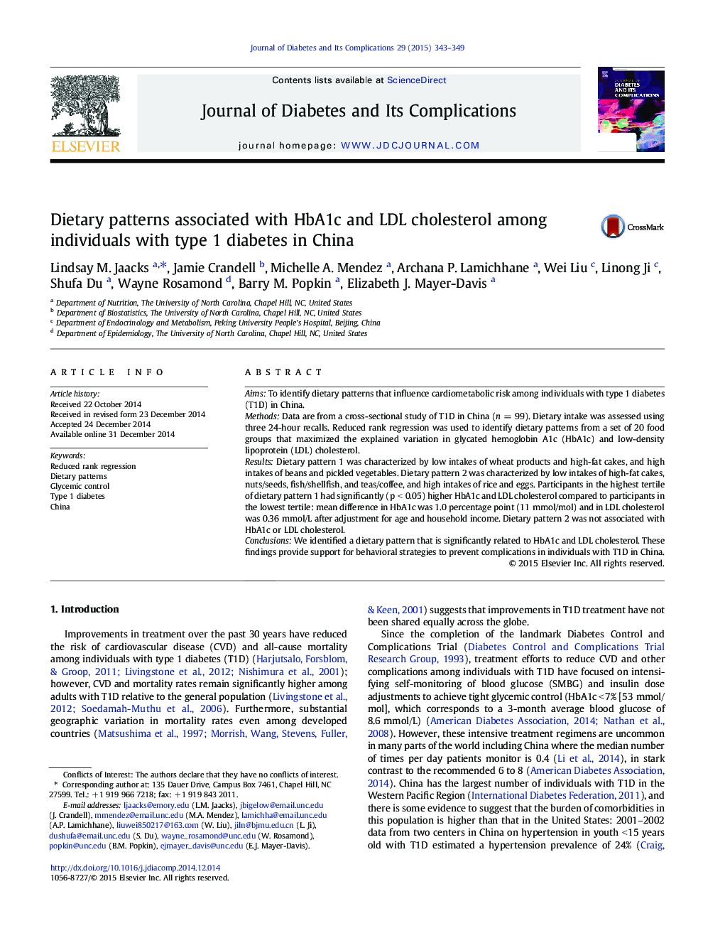 Dietary patterns associated with HbA1c and LDL cholesterol among individuals with type 1 diabetes in China