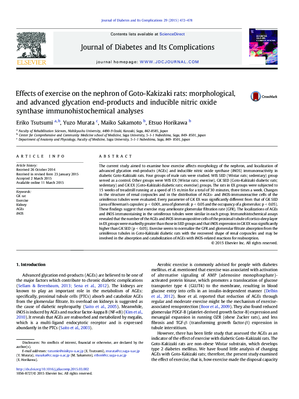 Effects of exercise on the nephron of Goto-Kakizaki rats: morphological, and advanced glycation end-products and inducible nitric oxide synthase immunohistochemical analyses