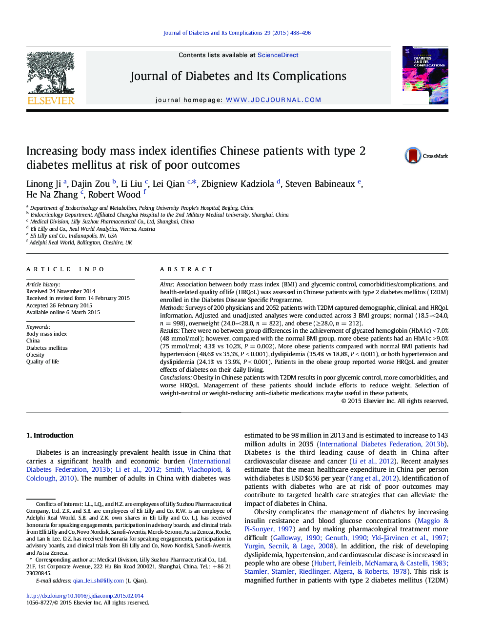 Increasing body mass index identifies Chinese patients with type 2 diabetes mellitus at risk of poor outcomes