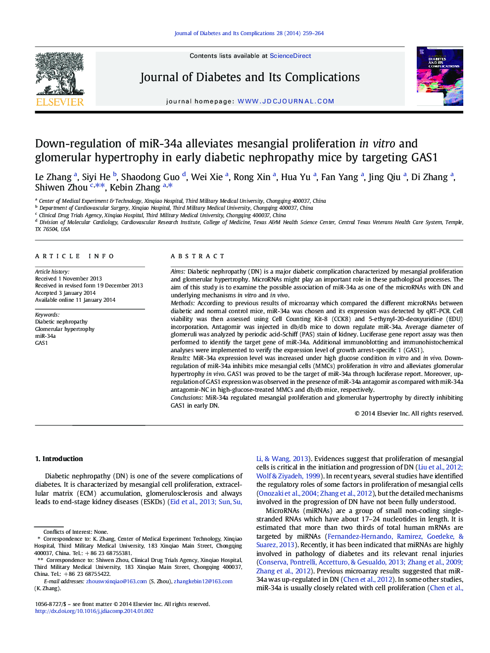 Down-regulation of miR-34a alleviates mesangial proliferation in vitro and glomerular hypertrophy in early diabetic nephropathy mice by targeting GAS1