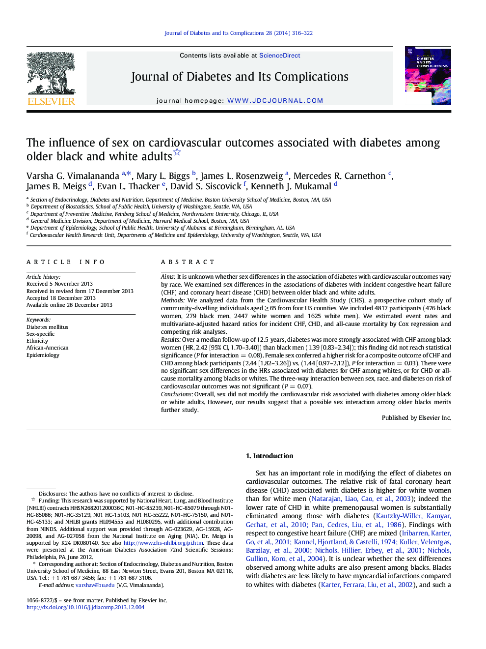 The influence of sex on cardiovascular outcomes associated with diabetes among older black and white adults