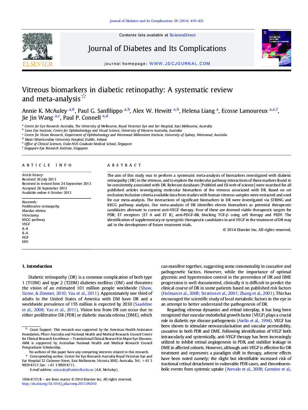 Vitreous biomarkers in diabetic retinopathy: A systematic review and meta-analysis