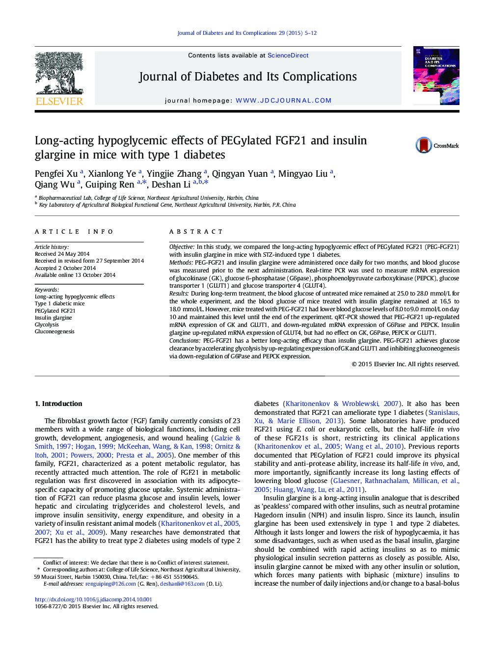 Long-acting hypoglycemic effects of PEGylated FGF21 and insulin glargine in mice with type 1 diabetes