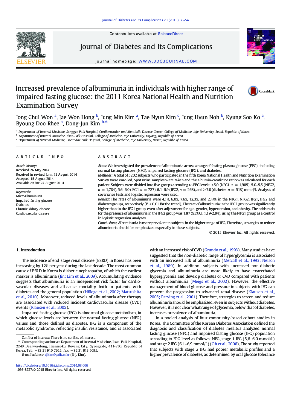 Increased prevalence of albuminuria in individuals with higher range of impaired fasting glucose: the 2011 Korea National Health and Nutrition Examination Survey